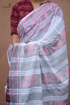 Khajur border ikat motif close-up on Malini white Sambalpuri Sachipar saree — Bandha double ikat by Bhulia weavers