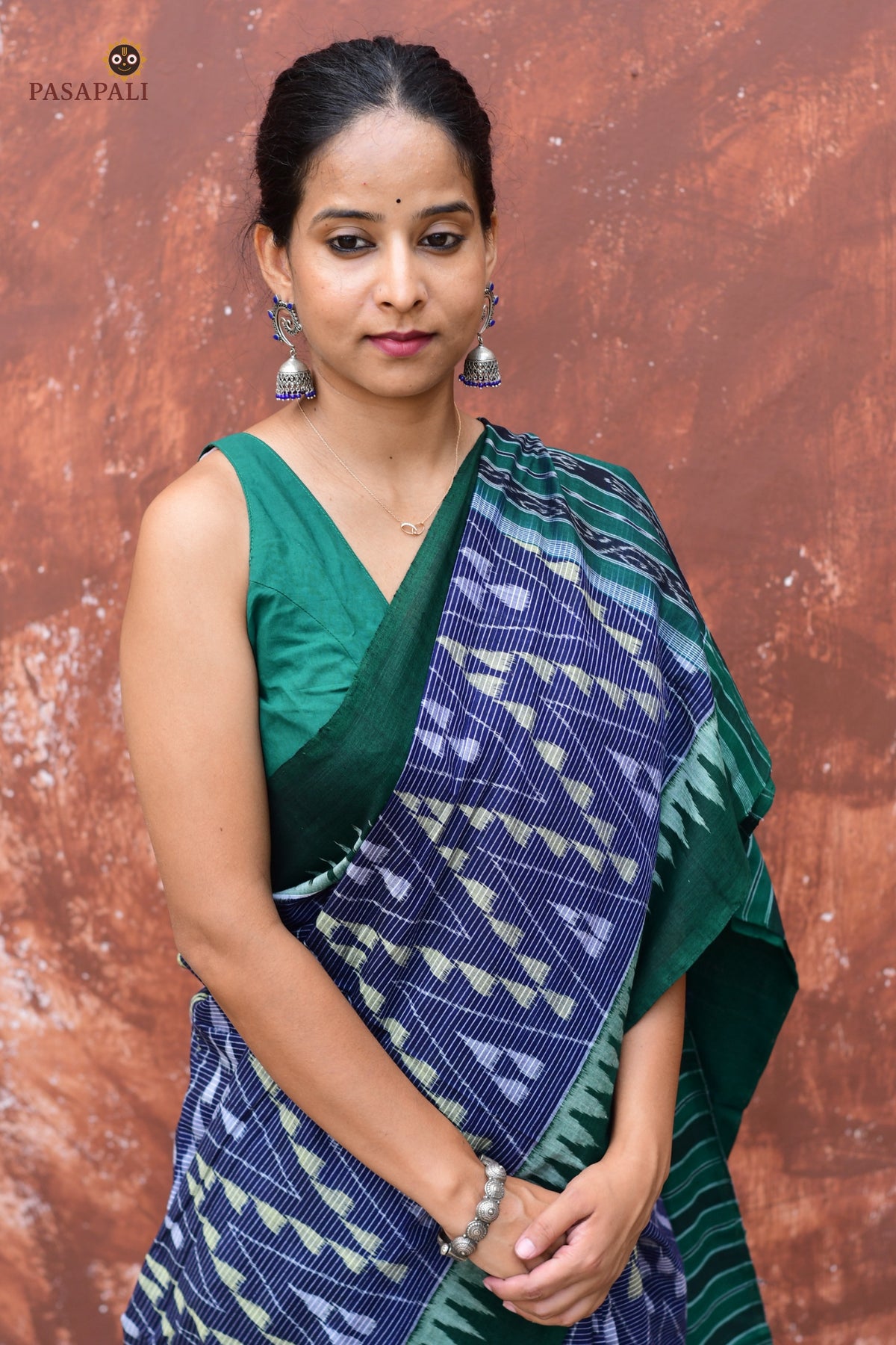 Mandakranta GI certified Sambalpuri handloom saree in blue mercerized cotton — full view with pallu spread by Pasapali