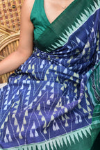 Front drape of Mandakranta authentic Sambalpuri cotton saree — green border, blue chevron body, Pasapali Odisha