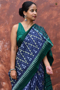 Body weave detail of Mandakranta showing stripe and large chevron motifs in blue mercerized cotton Sambalpuri saree by Pasapali