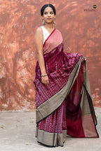 Mandira burgundy Sambalpuri Bandha mercerized cotton saree — full hero view, kumbha body, Ganga Jamuna border | Pasapali