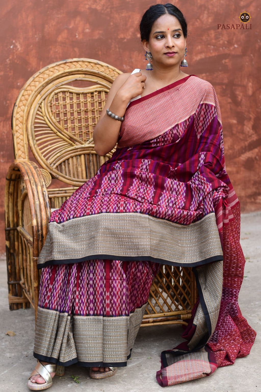 Mandira burgundy Sambalpuri cotton saree — overall flat lay displaying body kumbha, border, and pallu | Pasapali