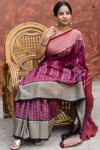 Load image into Gallery viewer, Mandira burgundy Sambalpuri cotton saree — overall flat lay displaying body kumbha, border, and pallu | Pasapali
