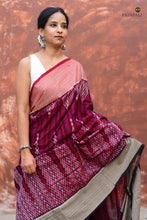 Load image into Gallery viewer, Mandira burgundy Sambalpuri cotton saree — front drape showing geometric ikat body and rudraksha border detail | Pasapali
