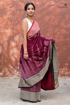 Mandira Sambalpuri cotton saree — pallu close-up showing geometric double ikat patterns in deep burgundy | Pasapali