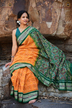 Load image into Gallery viewer, Flat lay of Mangala Jyoti yellow-green Sambalpuri Bandha mercerized cotton saree with blouse piece | Pasapali
