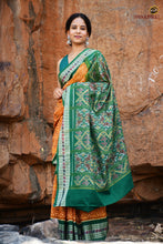 Load image into Gallery viewer, Diya motif body weave detail — Mangala Jyoti yellow Sambalpuri Bandha double ikat mercerized cotton saree | Pasapali
