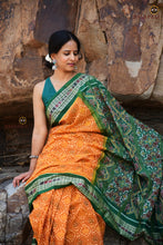 Load image into Gallery viewer, Bandhakala double ikat motif detail on Mangala Jyoti — Diya and flower patterns in yellow Sambalpuri cotton | Pasapali
