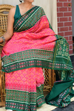 Load image into Gallery viewer, Flat lay of Mangala Pink Sambalpuri Bandha mercerized cotton saree — diamond body, Rudraksha border, Pasapali

