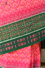 Load image into Gallery viewer, Mangala Sambalpuri cotton saree front drape detail — Bandha ikat precision in pink mercerized cotton, Pasapali
