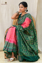 Load image into Gallery viewer, Mangala Pink Sambalpuri Bandha mercerized cotton saree by Pasapali — full hero view with diamond body and Rudraksha border
