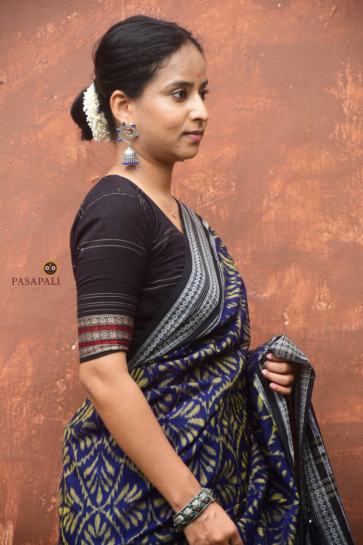 Manjari Blue Sambalpuri Bandha mercerized cotton saree by Pasapali — full hero view with rudraksha border and patra body motifs