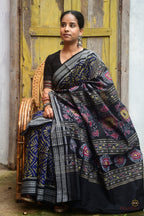 Manjari Sambalpuri cotton saree draped front view — Blue and Black double ikat Bandha weave by Pasapali, Odisha handloom
