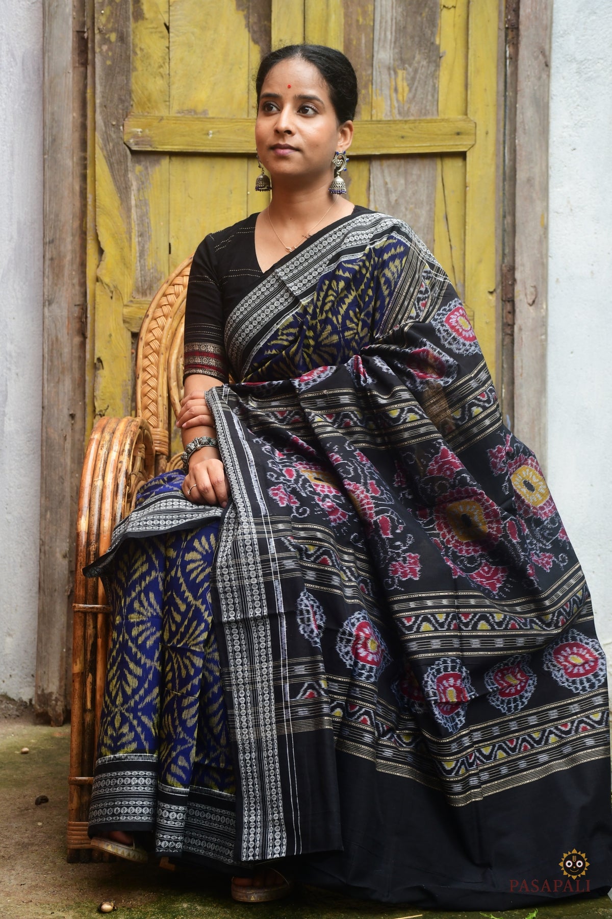 Manjari Sambalpuri cotton saree draped front view — Blue and Black double ikat Bandha weave by Pasapali, Odisha handloom