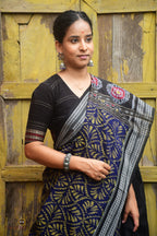 Manjari pallu detail — bird, jhoti and phula motifs in Blue Sambalpuri Bandha mercerized cotton saree by Pasapali