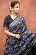 Body weave detail of Manjari — patra leaf motifs in Blue Black Sambalpuri double ikat cotton saree by Pasapali