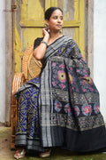 Folded flat view of Manjari Blue Sambalpuri Handloom saree showing Bandha ikat patterning across warp and weft, Pasapali