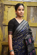 Handloom drape view of Manjari — authentic Sambalpuri cotton saree in Blue with rudraksha border, Pasapali Odisha