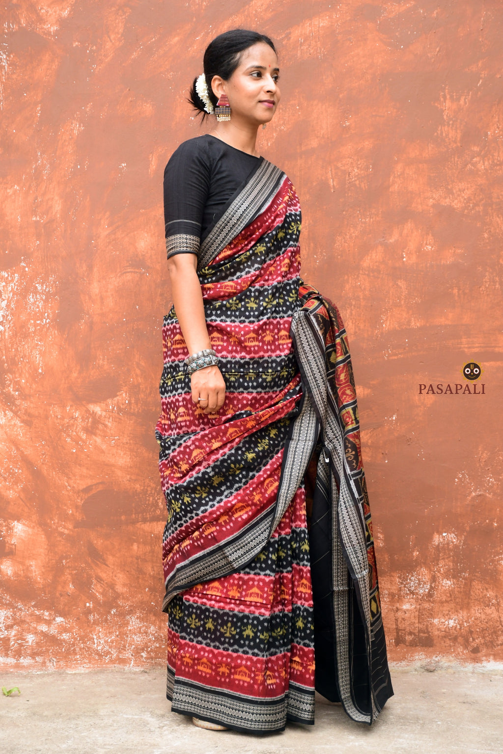 Matangi — full view of maroon Sambalpuri Bandha mercerized cotton saree by Pasapali with tribal and flower body motifs