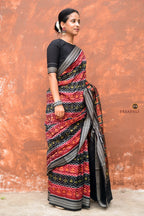 Matangi — full view of maroon Sambalpuri Bandha mercerized cotton saree by Pasapali with tribal and flower body motifs