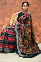 Matangi — close-up of black Rudraksha border on maroon Sambalpuri Bandha handloom cotton saree by Pasapali