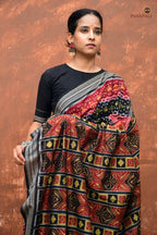Matangi — body weave detail of tribal and flower double ikat motif on maroon Sambalpuri cotton saree by Pasapali