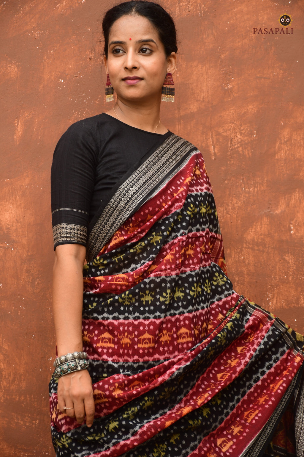 Matangi — handloom drape view of maroon Sambalpuri cotton saree featuring Bandhakala technique by Pasapali Odisha