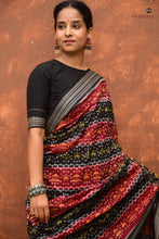 Load image into Gallery viewer, Matangi — handloom drape view of maroon Sambalpuri cotton saree featuring Bandhakala technique by Pasapali Odisha
