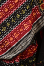 Load image into Gallery viewer, Matangi — Rudraksha and flower motif detail on maroon Sambalpuri Bandha double ikat cotton saree by Pasapali
