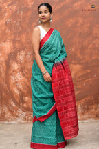 Mrinmayee green Sambalpuri Handloom mercerized cotton saree by Pasapali — full hero view, Bandha double ikat weave