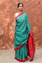 Body weave detail of Mrinmayee — small fish motif in green Sambalpuri Bandha mercerized cotton, Pasapali