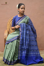 Folded view of Nalini Sambalpuri cotton saree — greenish grey with blue border, Bhulia weavers Odisha, Pasapali