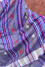 Load image into Gallery viewer, Narmada blue Kotpad saree in Tussar Cotton Silk by Pasapali — full hero view, natural dye, tribal motifs, phoda kumbha border
