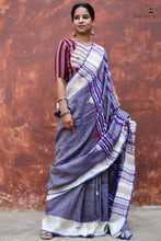 Load image into Gallery viewer, Narmada blue Kotpad saree in Tussar Cotton Silk by Pasapali — full hero view, natural dye, tribal motifs, phoda kumbha border
