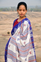 Load image into Gallery viewer, Detailed view of extra-weft tribal motifs on a natural blue dye Kotpad border.
