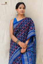 Load image into Gallery viewer, Neelima navy blue Sambalpuri Bandha mercerized cotton saree by Pasapali — full hero view with phula body motif
