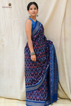 Load image into Gallery viewer, Close-up of Rudraksha border motif on Neelima navy blue GI certified Sambalpuri handloom cotton saree by Pasapali
