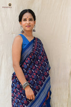 Load image into Gallery viewer, Mercerized cotton texture detail of Neelima Sambalpuri Bandha saree — warp 120 weft 120 thread count visible

