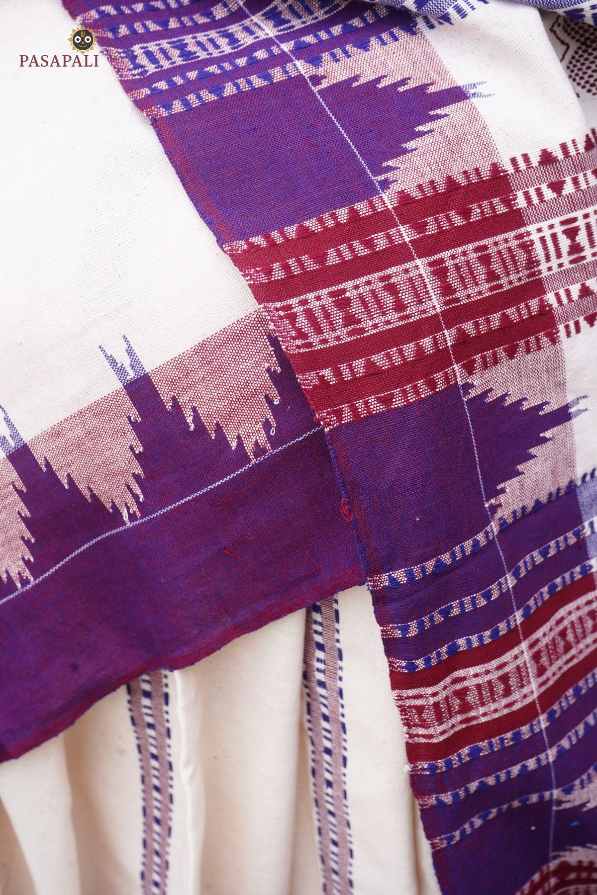 Nirjhari Off-White Kotpad Handloom Cotton saree by Pasapali — full hero view, natural aal bark dye, tribal motifs