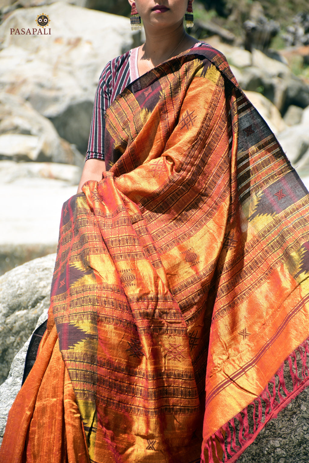 Nishavana golden Kotpad natural dye saree — overall flat lay showing full length 5.40m, Tussar Cotton Silk, Pasapali