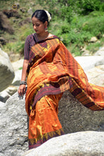 Load image into Gallery viewer, Nishavana golden Kotpad saree drape front view — natural aal bark colour, earthy golden tone, Odisha handloom
