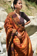 Load image into Gallery viewer, Nishavana Kotpad natural dye saree — body weave detail showing tribal geometric butas in golden Tussar Cotton Silk
