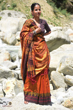 Load image into Gallery viewer, Nishavana golden Kotpad saree — handspun Tussar Cotton Silk texture detail, aal bark dye, Odisha tribal weave
