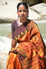 Load image into Gallery viewer, Nishavana natural dyed Kotpad saree — handloom drape view in Tussar Cotton Silk, Mirgan tribal weavers Odisha
