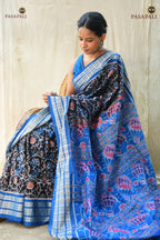 Close-up of fish motif border on Nishigandha black Sambalpuri cotton saree — Bandha ikat weave, Bhulia weavers, Pasapali