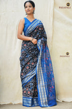 Blue ikat pallu close-up of Nishigandha Sambalpuri Bandha mercerized cotton saree from Pasapali, Odisha handloom