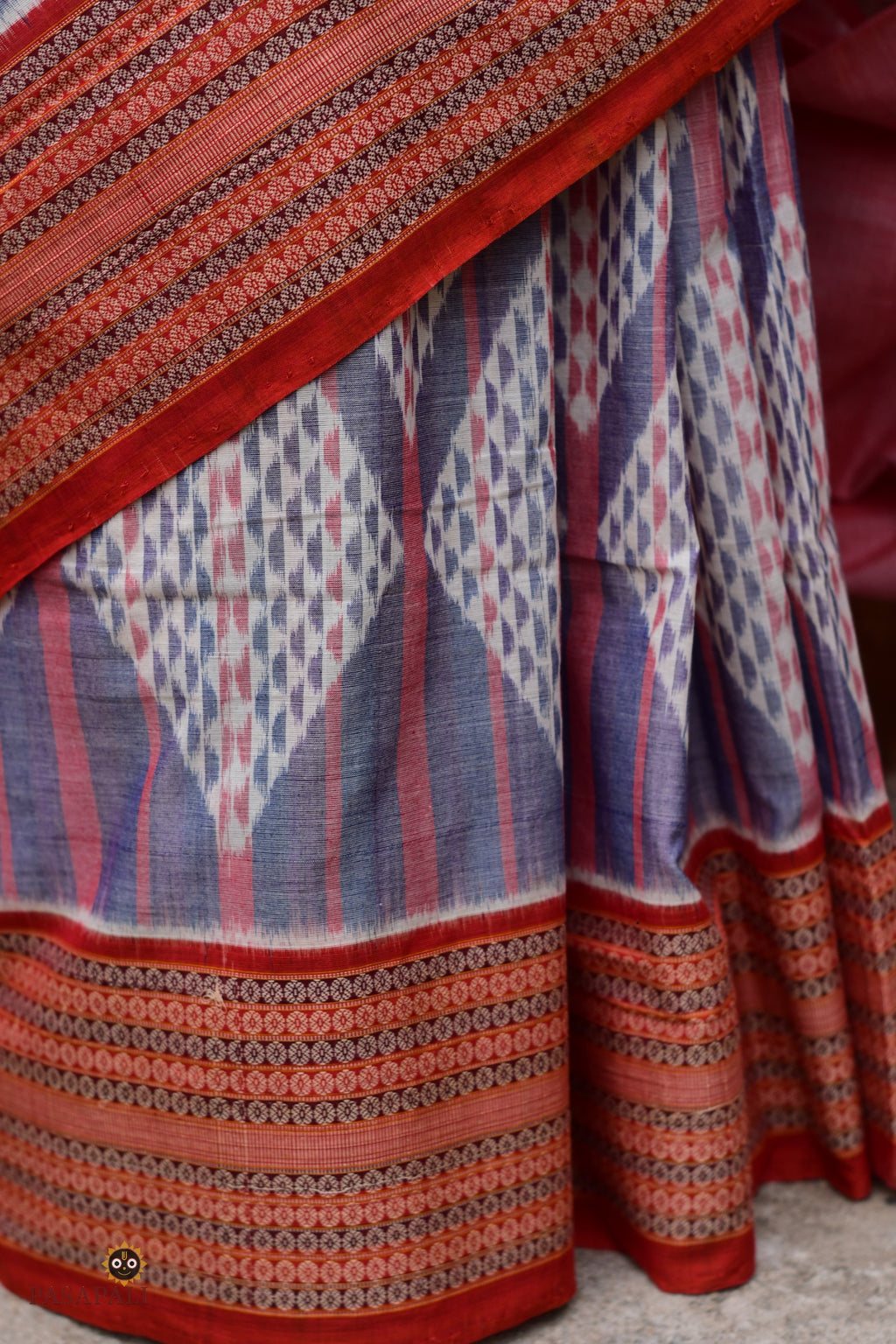 Nityarekha light blue Sambalpuri Bandha mercerized cotton saree full view — Pasapali GI certified handloom