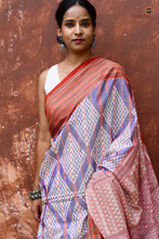Load image into Gallery viewer, Rudraksha motif traditional double border close-up on Nityarekha Sambalpuri Bandha saree in rust and light blue
