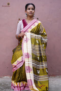 Pallava golden Kotpad saree full view — Tussar Cotton Silk, aal bark dye, macha pharsa motifs, Pasapali