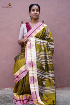 Pallava golden Kotpad saree full view — Tussar Cotton Silk, aal bark dye, macha pharsa motifs, Pasapali